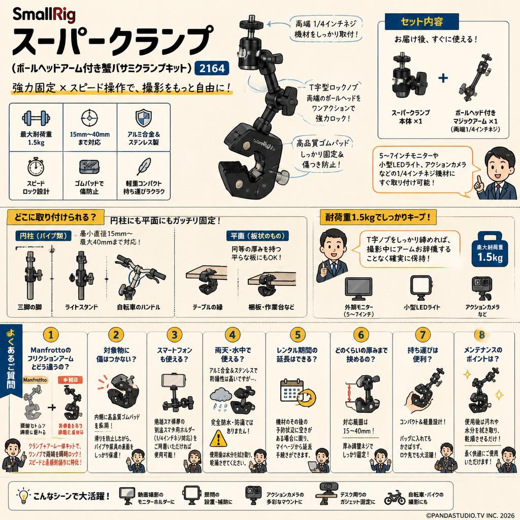 SmallRig スーパークランプ （ボールヘッドアーム付き蟹バサミクランプキット） 2164 FAQ（よくある質問と答え）