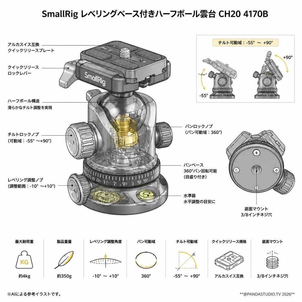 SmallRig レベリングベース付きハーフボール雲台 CH20 4170B スペック