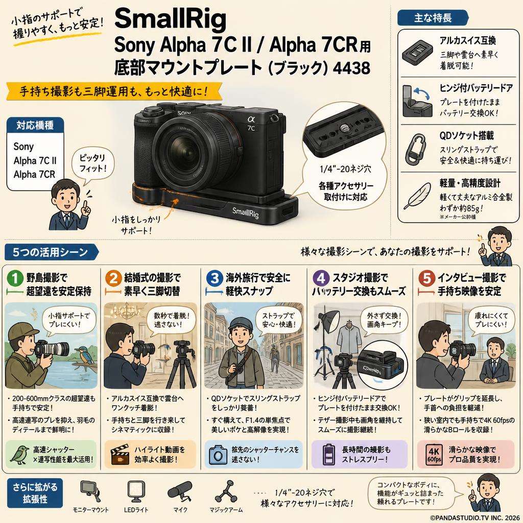 SmallRig Sony Alpha 7C II / Alpha 7CR用底部マウントプレート（ブラック）4438 用途