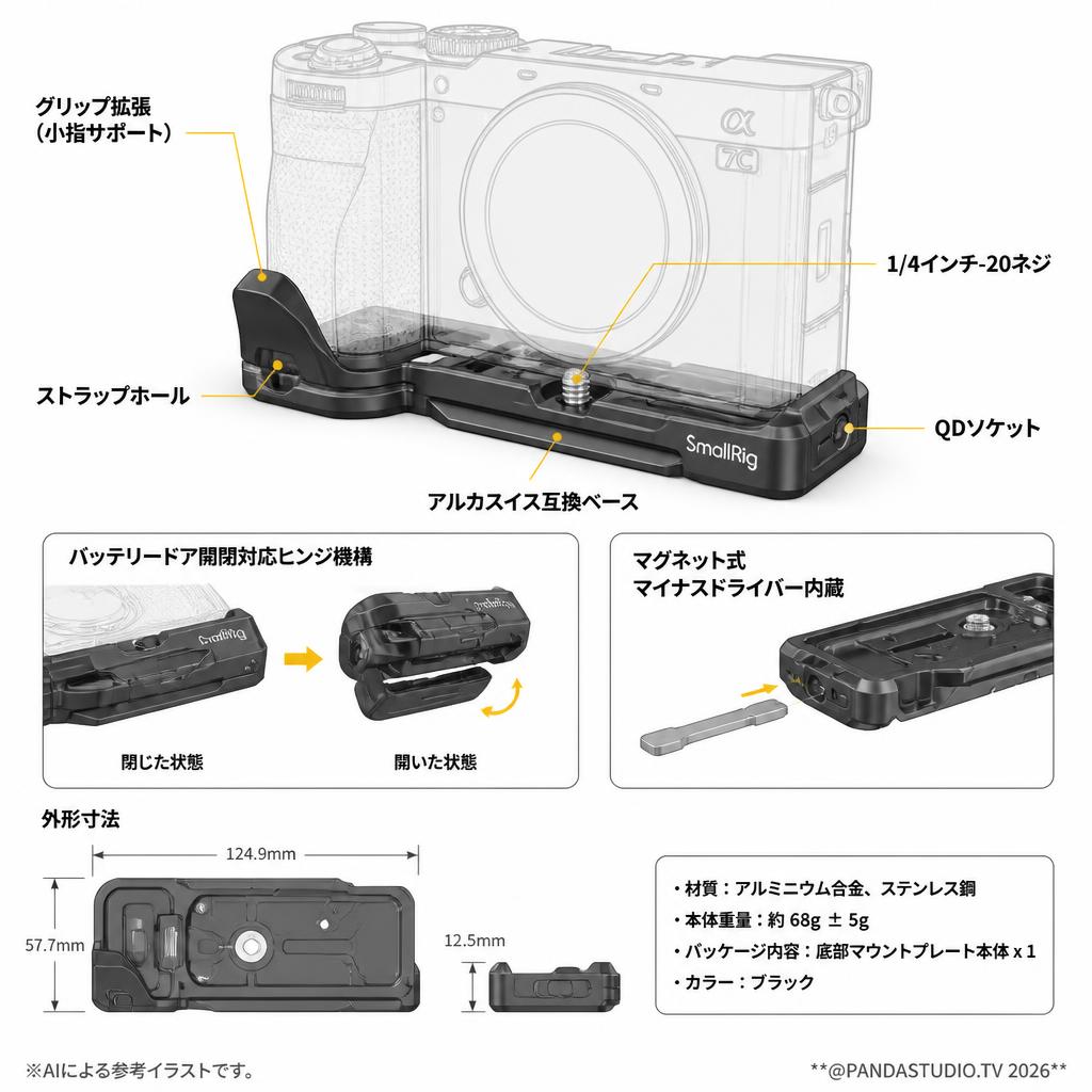SmallRig Sony Alpha 7C II / Alpha 7CR用底部マウントプレート（ブラック）4438 スペック