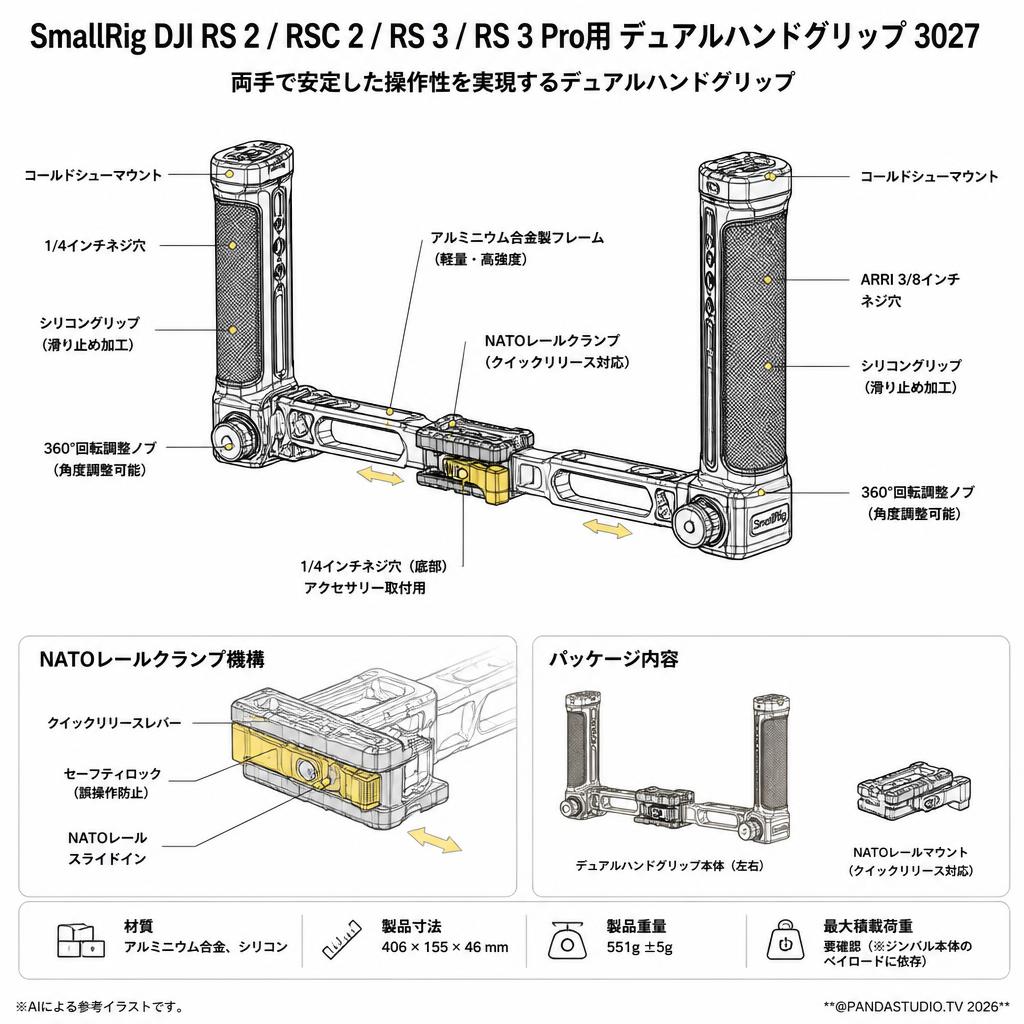 SmallRig DJI RS 2 / RSC 2 / RS 3 / RS 3 Pro用デュアルハンドグリップ 3027 スペック