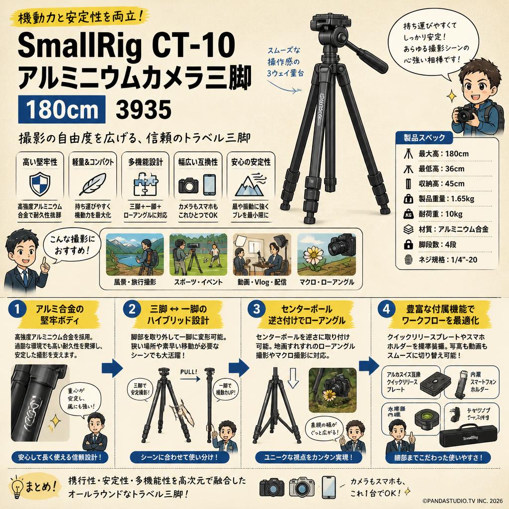 SmallRig CT-10 アルミニウムカメラ三脚 180cm 3935 概要