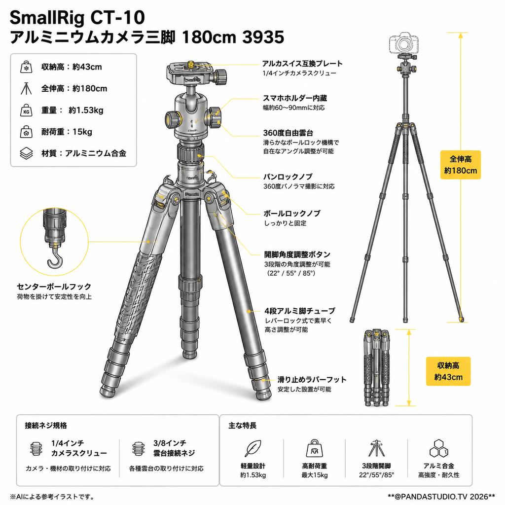 SmallRig CT-10 アルミニウムカメラ三脚 180cm 3935 スペック