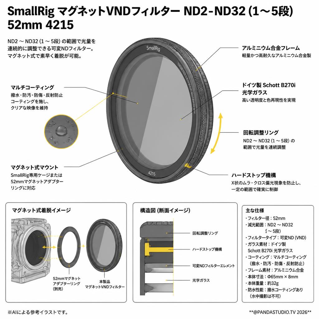 SmallRig マグネットVNDフィルターND2-ND32 (1～5段) 52mm  4215 スペック