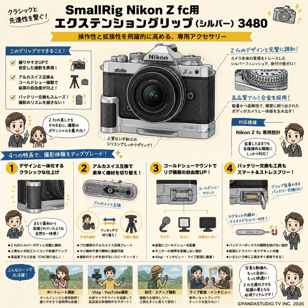 SmallRig Nikon Z fc用エクステンショングリップ（シルバー） 3480 概要