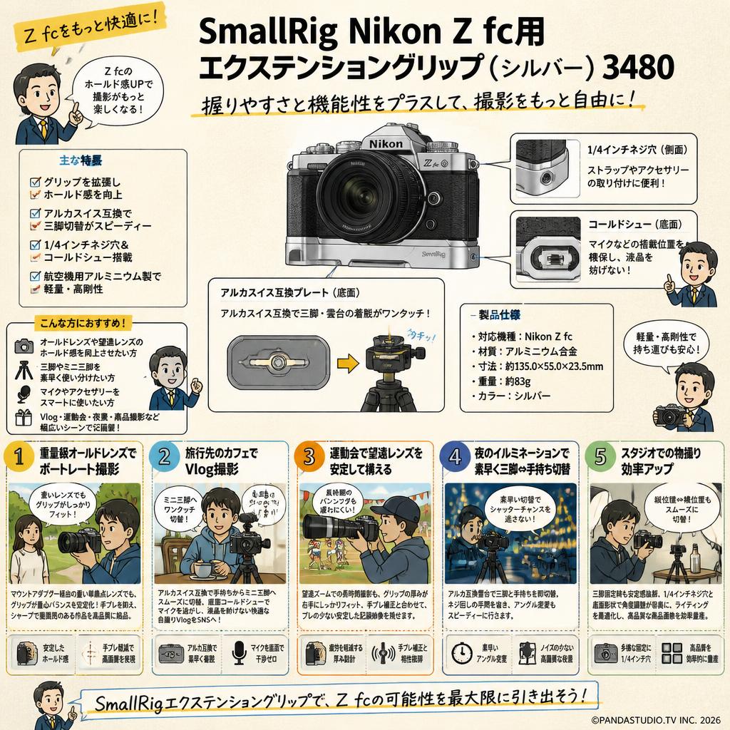 SmallRig Nikon Z fc用エクステンショングリップ（シルバー） 3480 用途