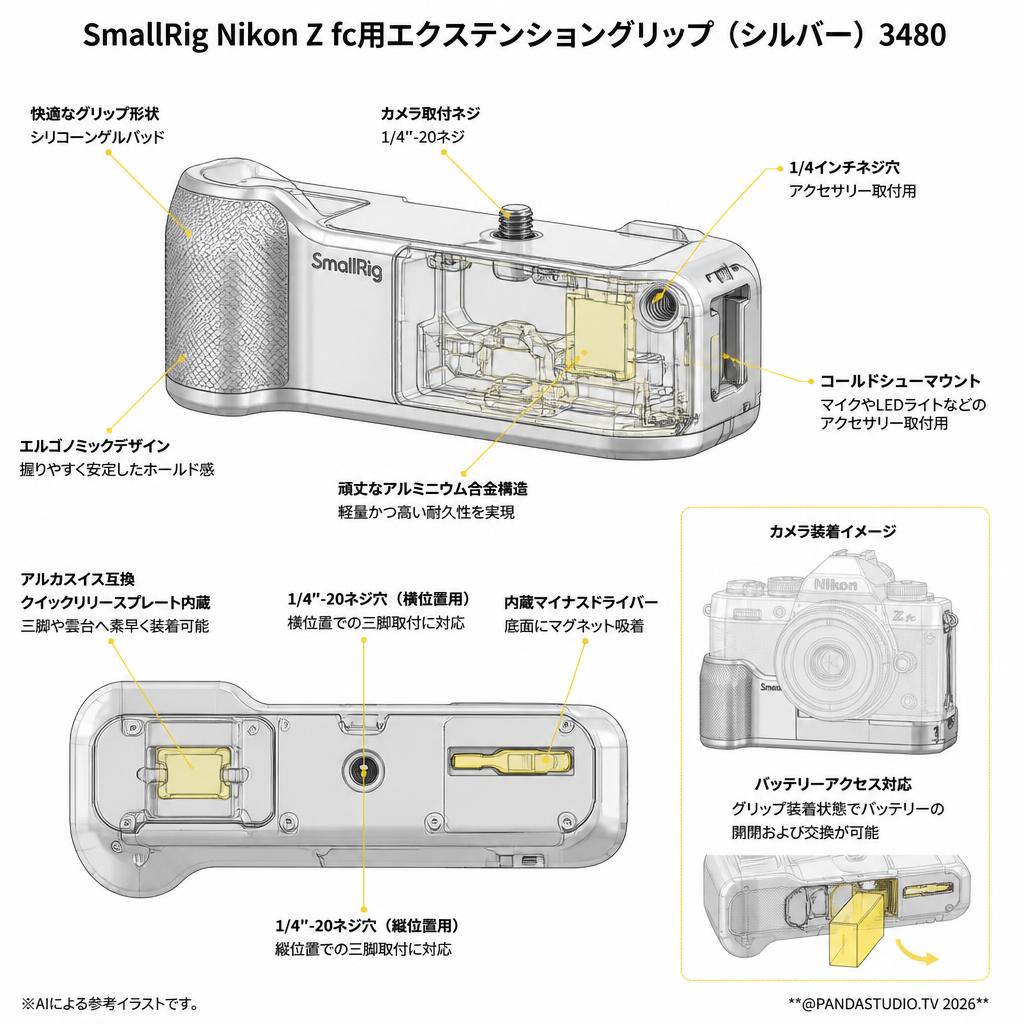 SmallRig Nikon Z fc用エクステンショングリップ（シルバー） 3480 スペック