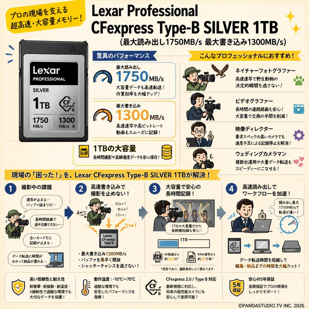 Lexar Professional CFexpress Type-B SILVER1TB (最大読み出し1750MB/s 最大書き込み1300MB/s) おもな対象のお客様