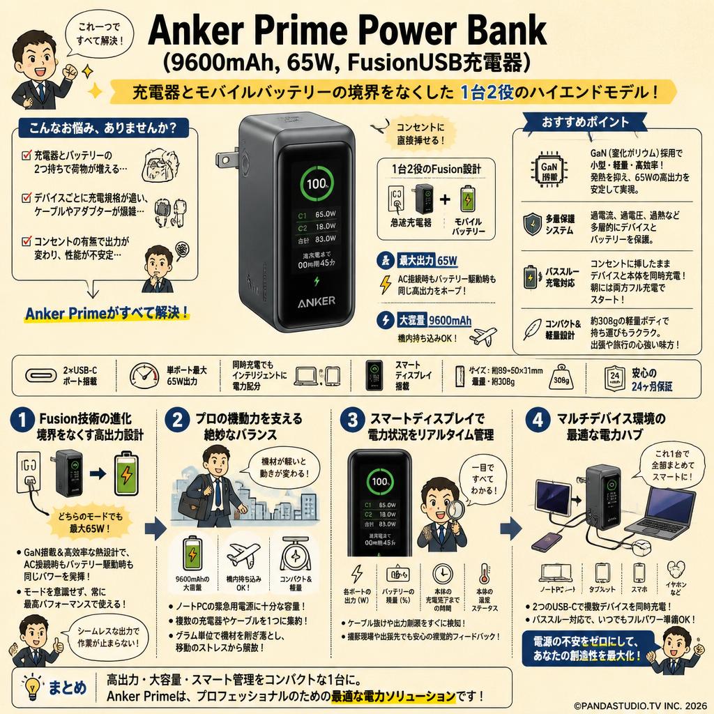 Anker Prime Power Bank (9600mAh, 65W, FusionUSB充電器) 概要