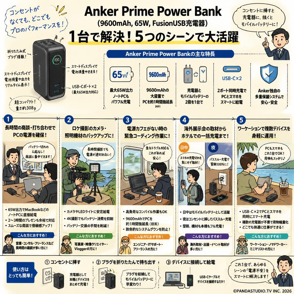 Anker Prime Power Bank (9600mAh, 65W, FusionUSB充電器) 用途