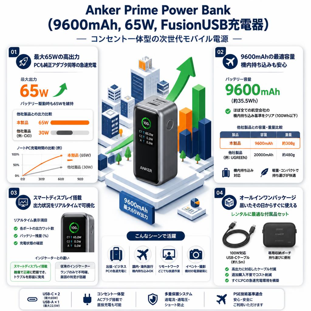 Anker Prime Power Bank (9600mAh, 65W, FusionUSB充電器) セールスポイント