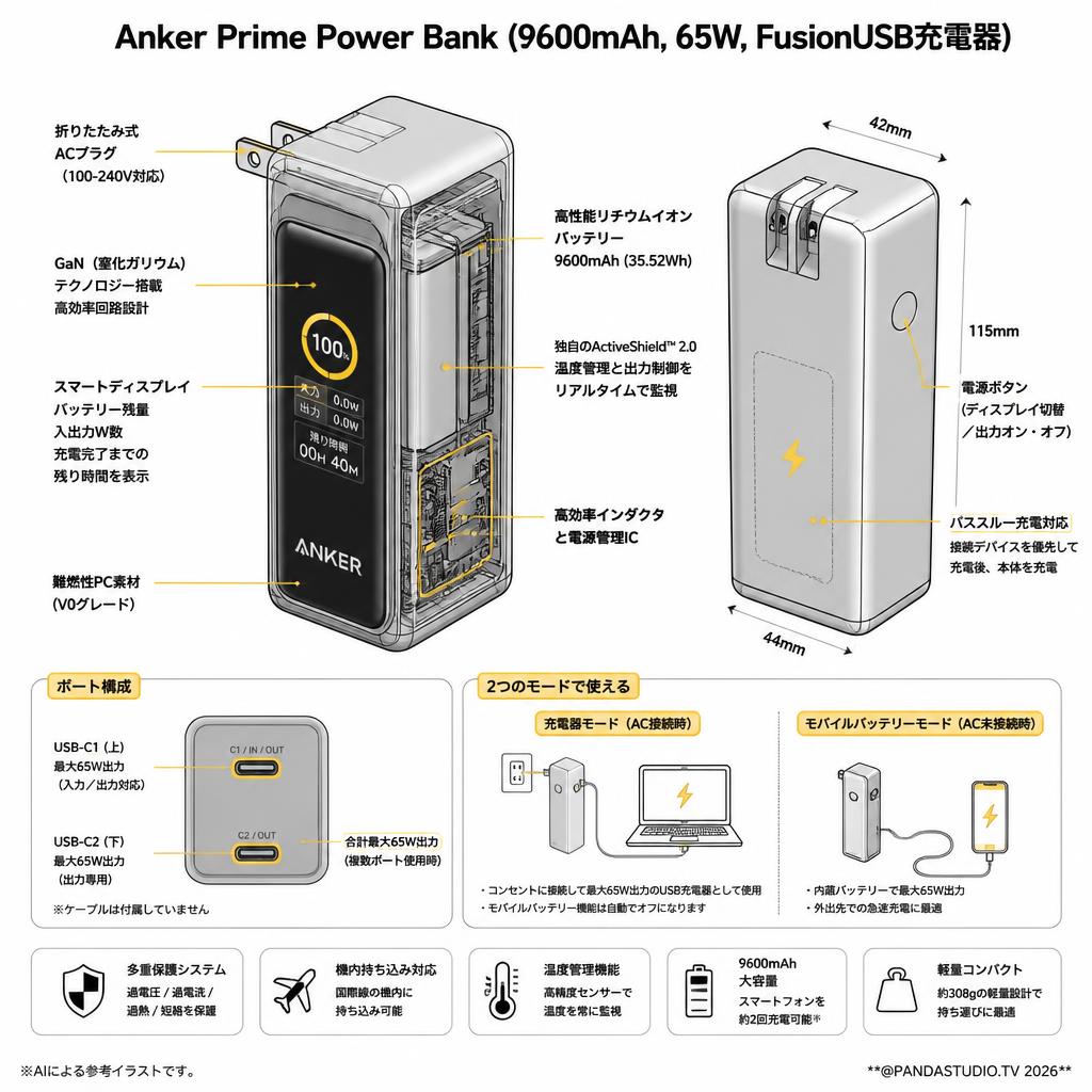 Anker Prime Power Bank (9600mAh, 65W, FusionUSB充電器) スペック