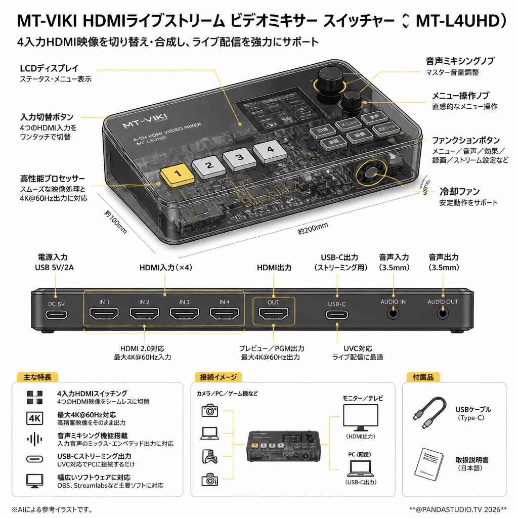 MT-VIKI HDMIライブストリーム ビデオミキサー スイッチャー（ MT-L4UHD） スペック