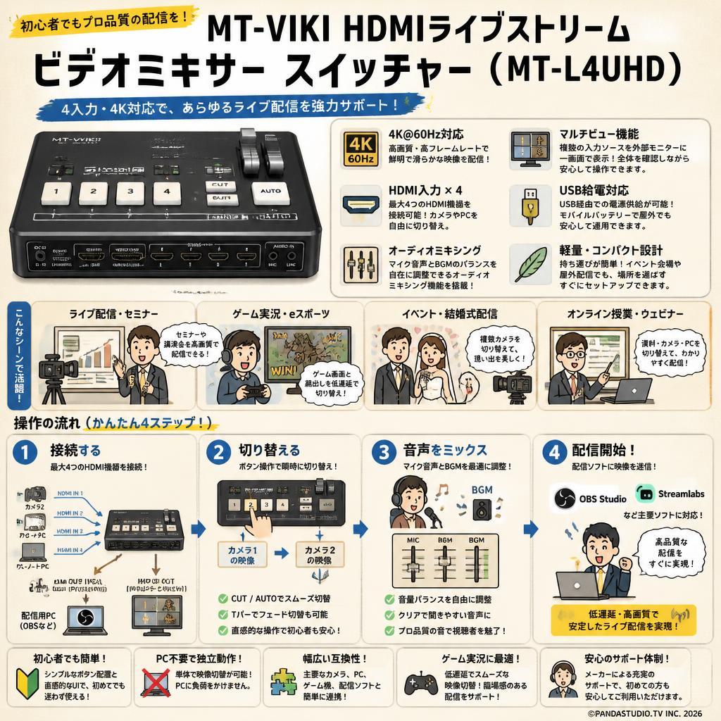 MT-VIKI HDMIライブストリーム ビデオミキサー スイッチャー（ MT-L4UHD） FAQ（よくある質問と答え）