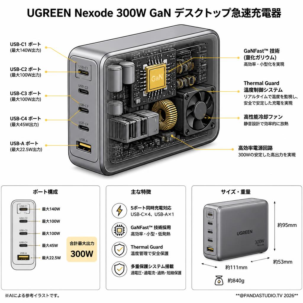 UGREEN Nexode 300W GaN デスクトップ急速充電器 スペック