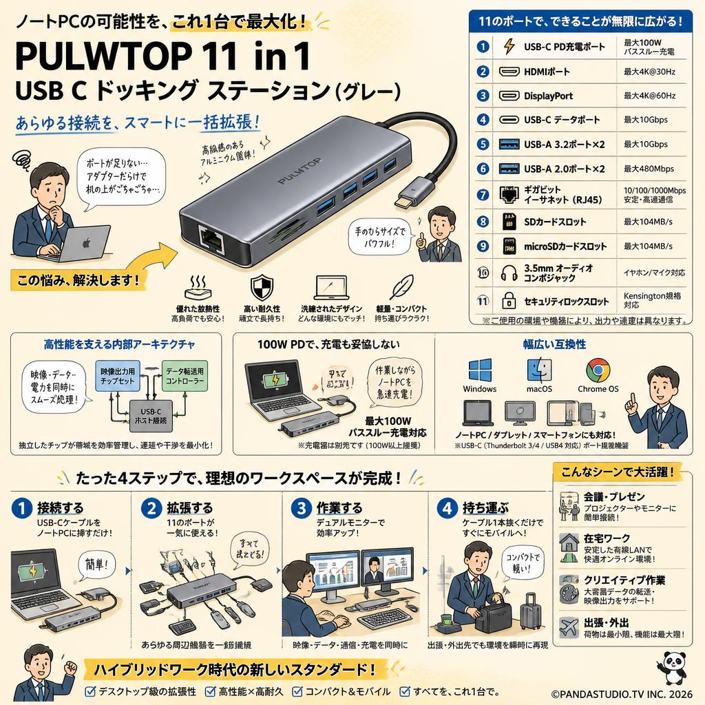 PULWTOP 11 in 1 USB C ドッキング ステーション (グレー) 概要