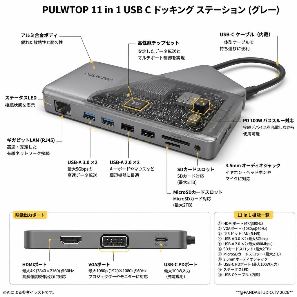PULWTOP 11 in 1 USB C ドッキング ステーション (グレー) スペック
