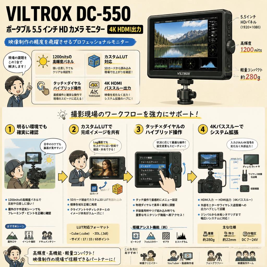 Viltrox DC-550 ポータブル 5.5 インチ HD カメラ モニター 4K HDMI出力 概要