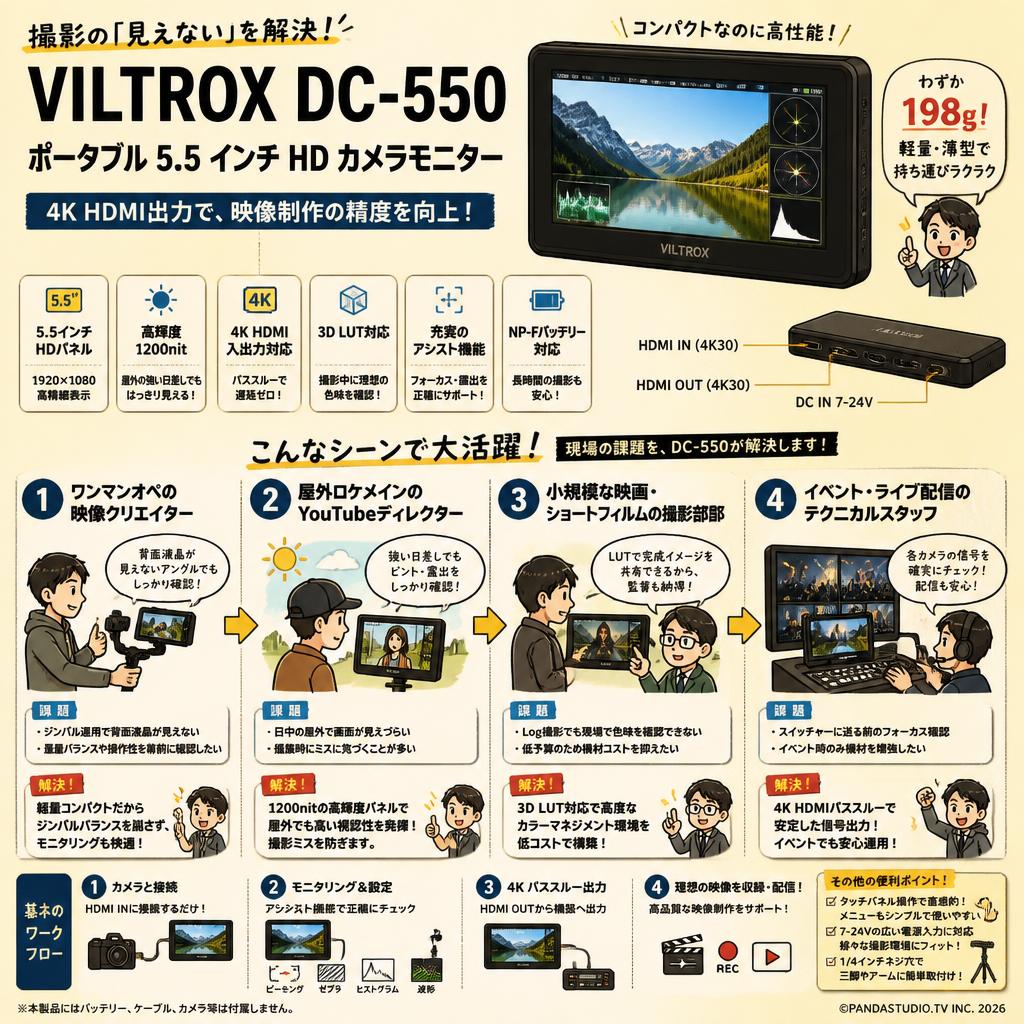 Viltrox DC-550 ポータブル 5.5 インチ HD カメラ モニター 4K HDMI出力 おもな対象のお客様