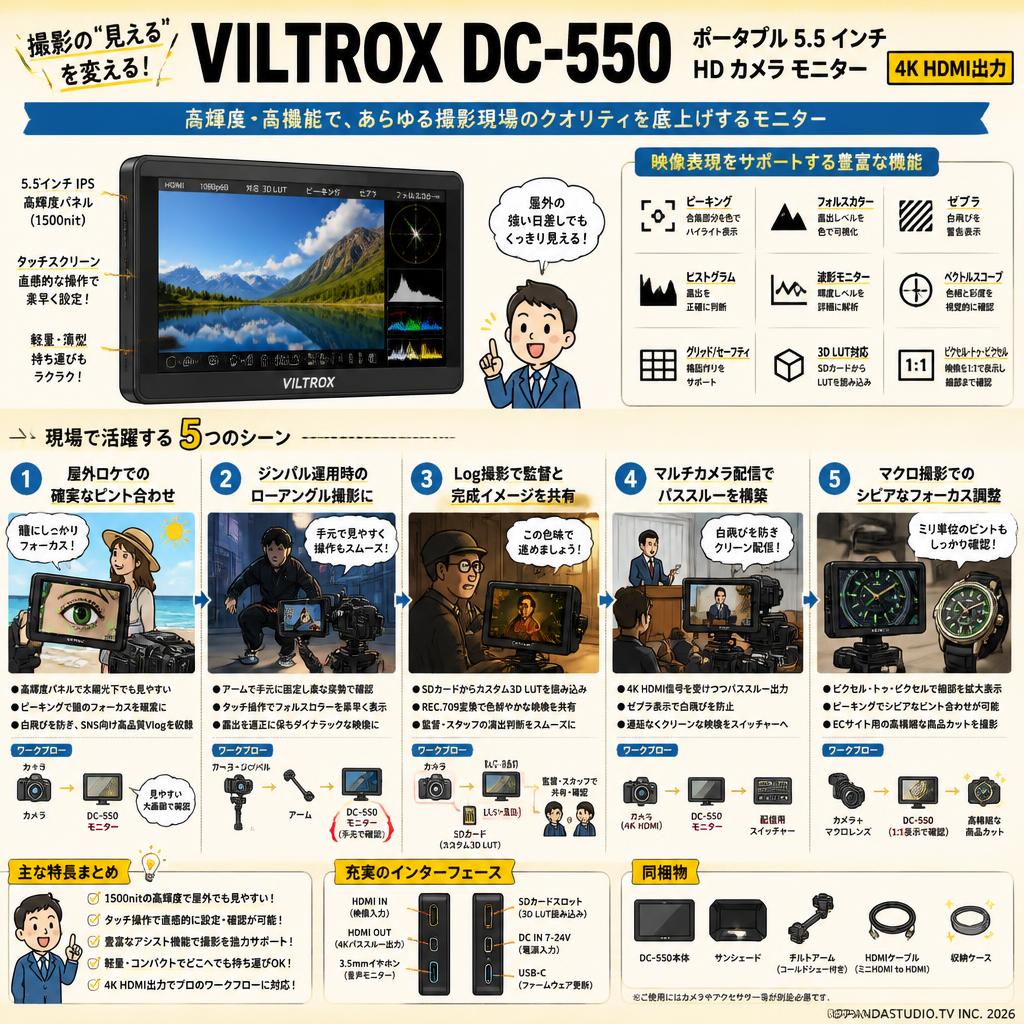 Viltrox DC-550 ポータブル 5.5 インチ HD カメラ モニター 4K HDMI出力 用途