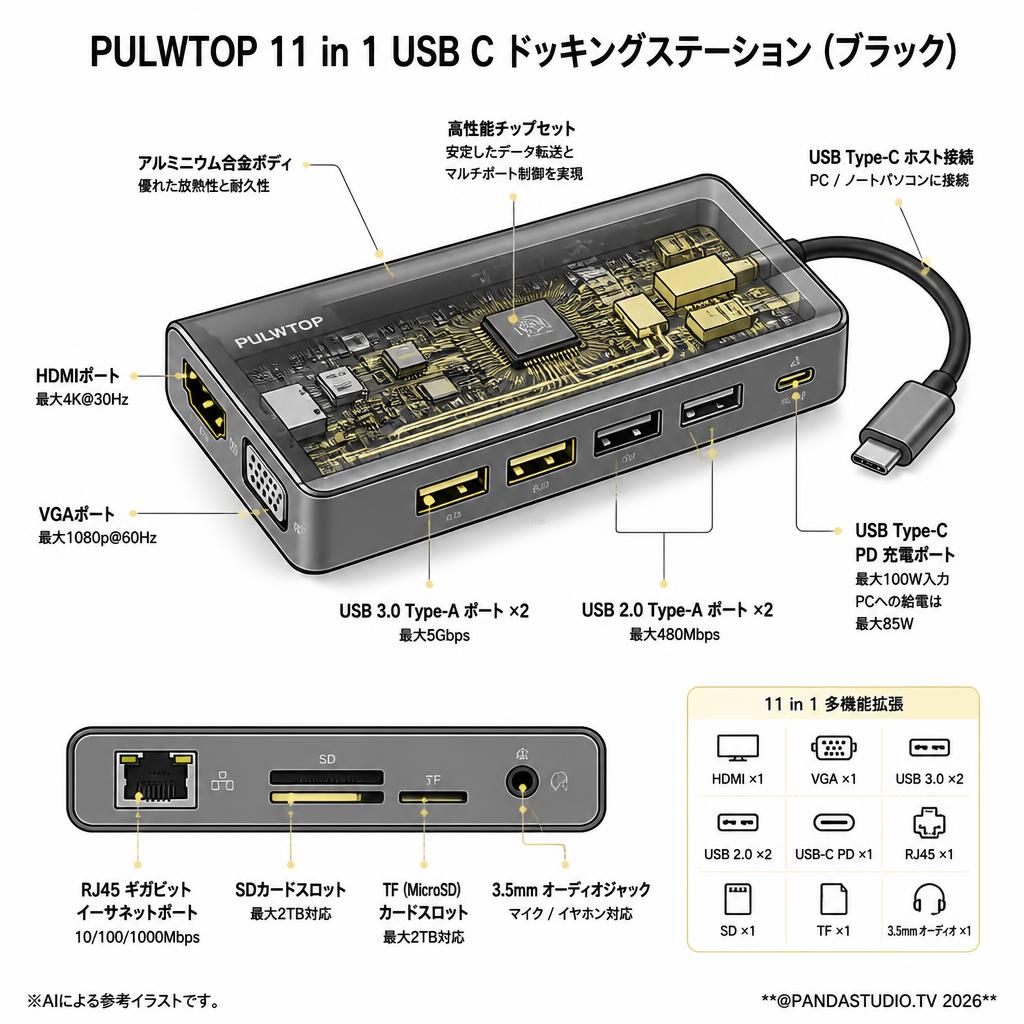 PULWTOP 11 in 1 USB C ドッキングステーション (ブラック) スペック