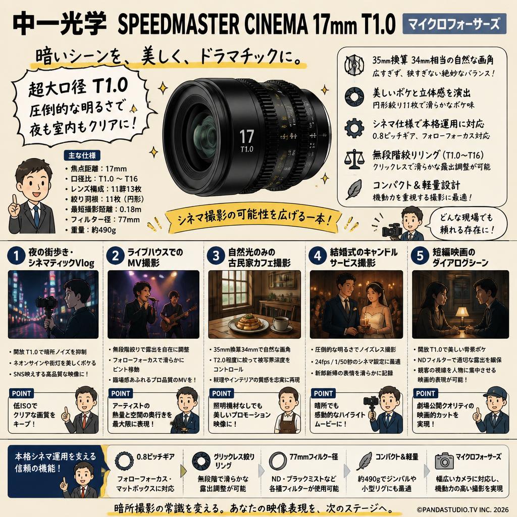 中一光学 SPEEDMASTER CINEMA 17mm T1.0 マイクロフォーサーズ 用途