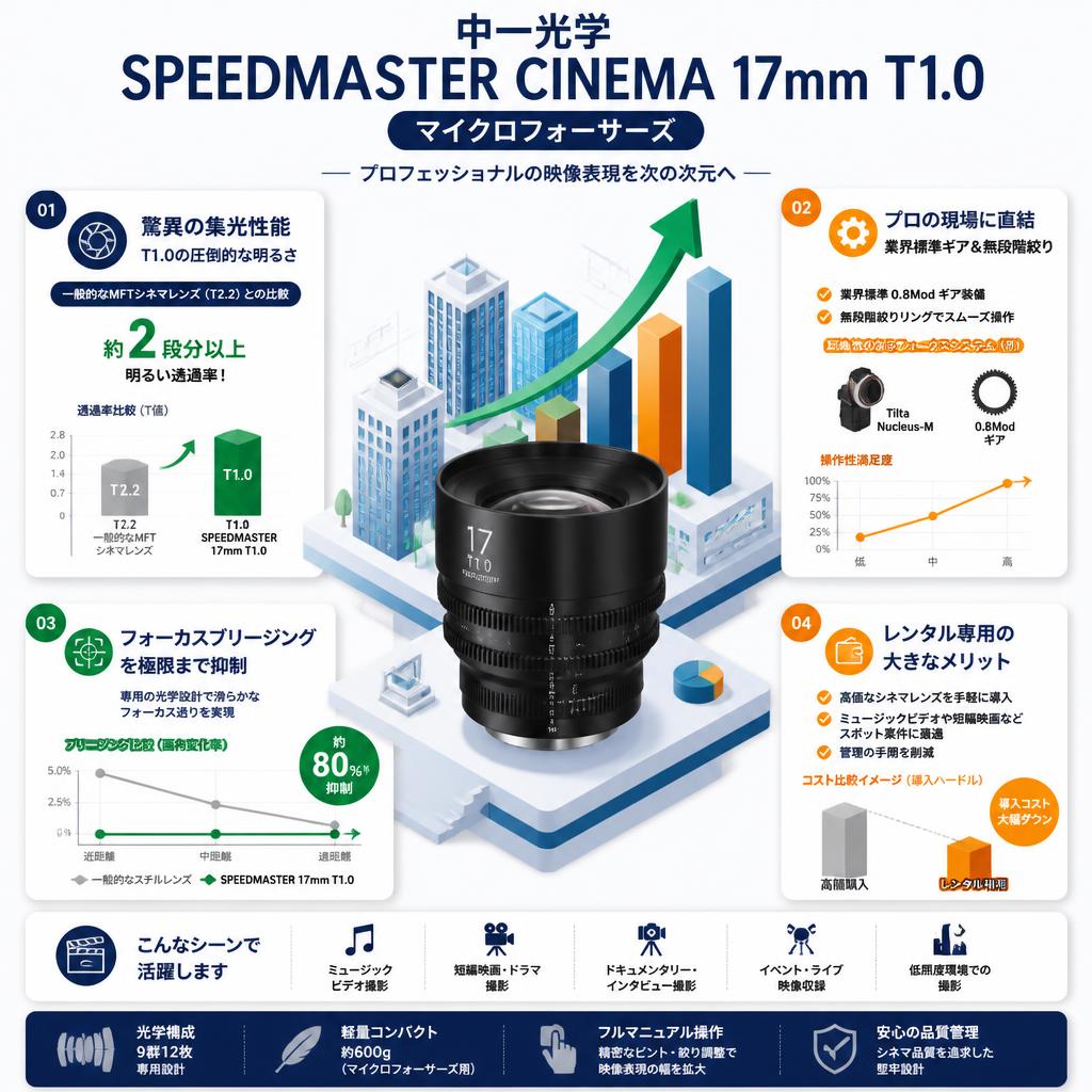中一光学 SPEEDMASTER CINEMA 17mm T1.0 マイクロフォーサーズ セールスポイント