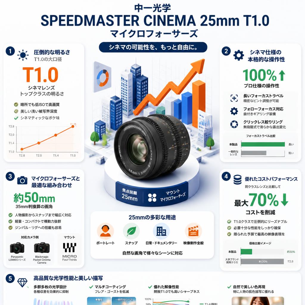 中一光学 SPEEDMASTER CINEMA 25mm T1.0 マイクロフォーサーズ セールスポイント
