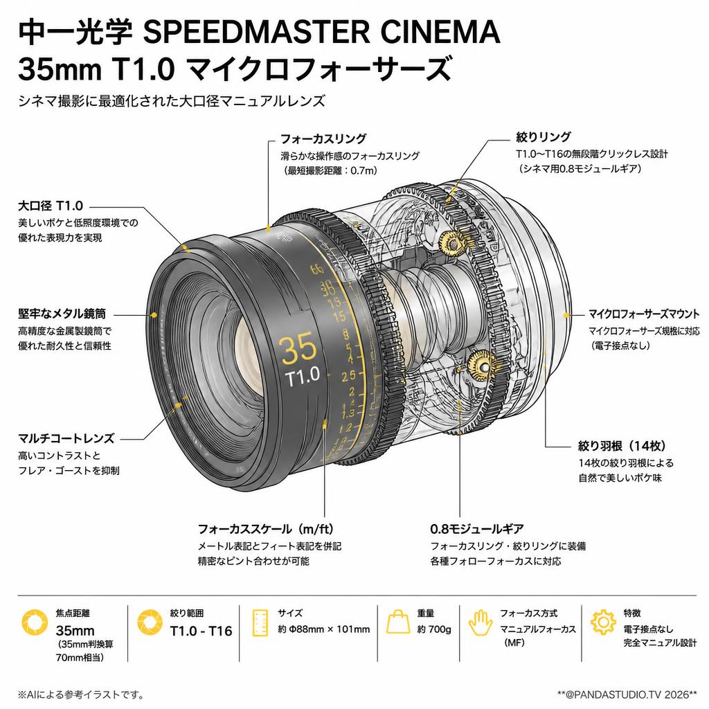 中一光学 SPEEDMASTER CINEMA 35mm T1.0 マイクロフォーサーズ スペック