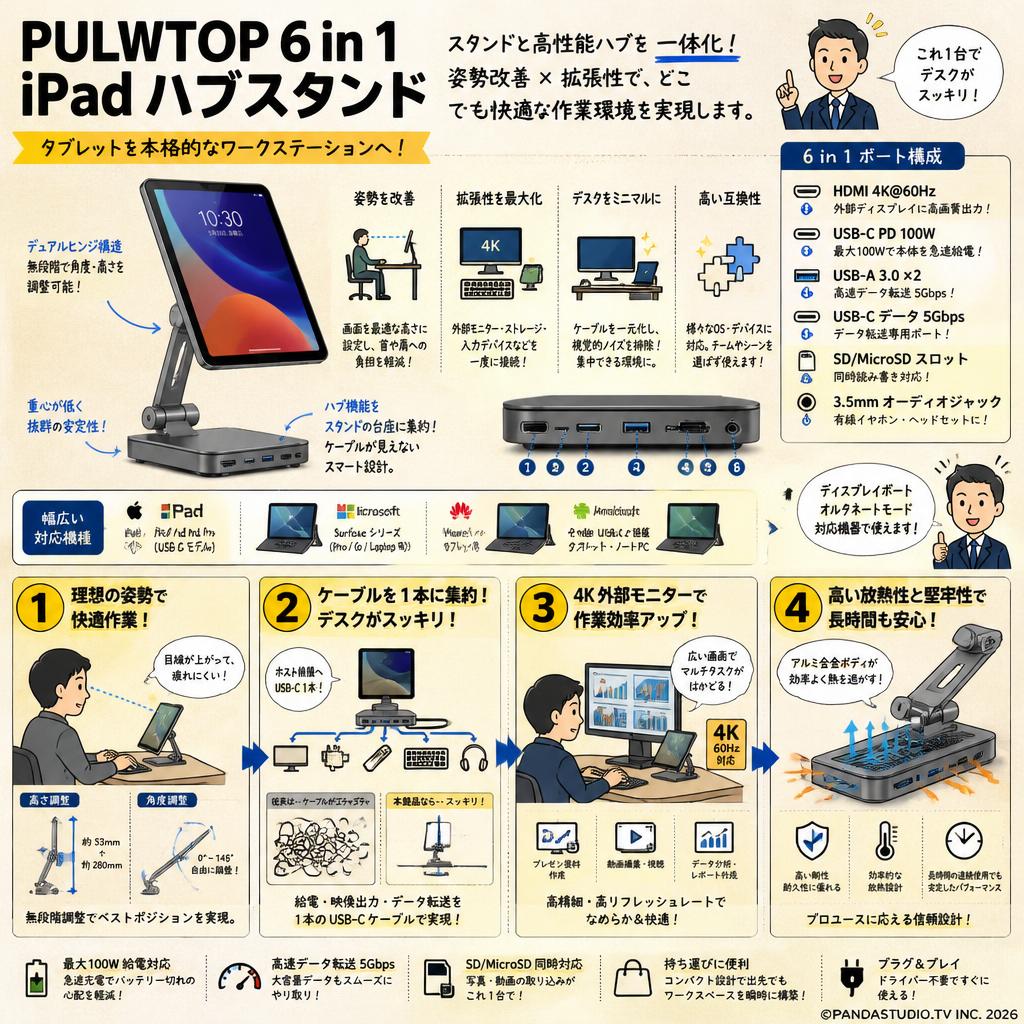 PULWTOP 6 in 1 iPad ハブスタンド IPad/IPad Pro/Surface/Huawei 概要