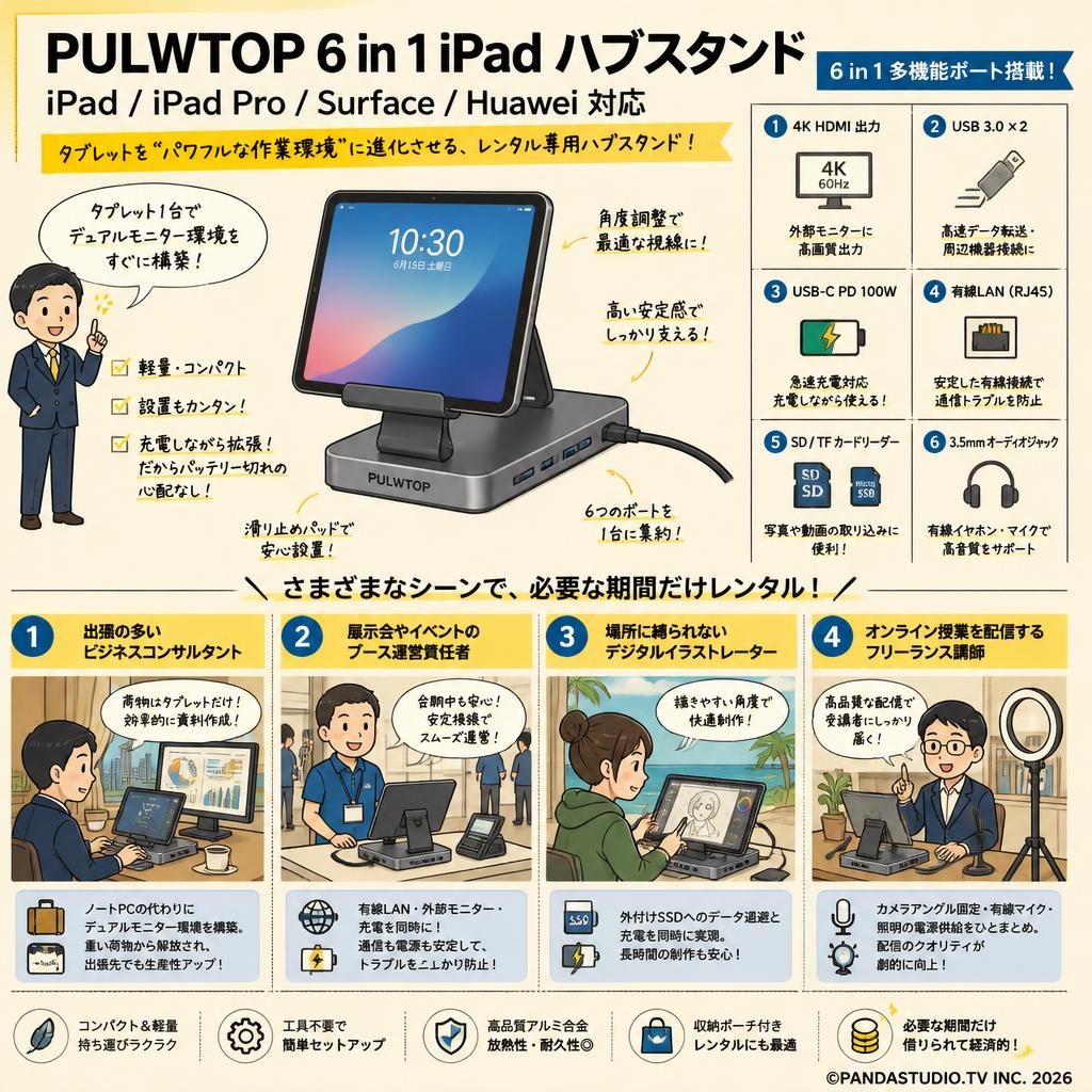PULWTOP 6 in 1 iPad ハブスタンド IPad/IPad Pro/Surface/Huawei おもな対象のお客様