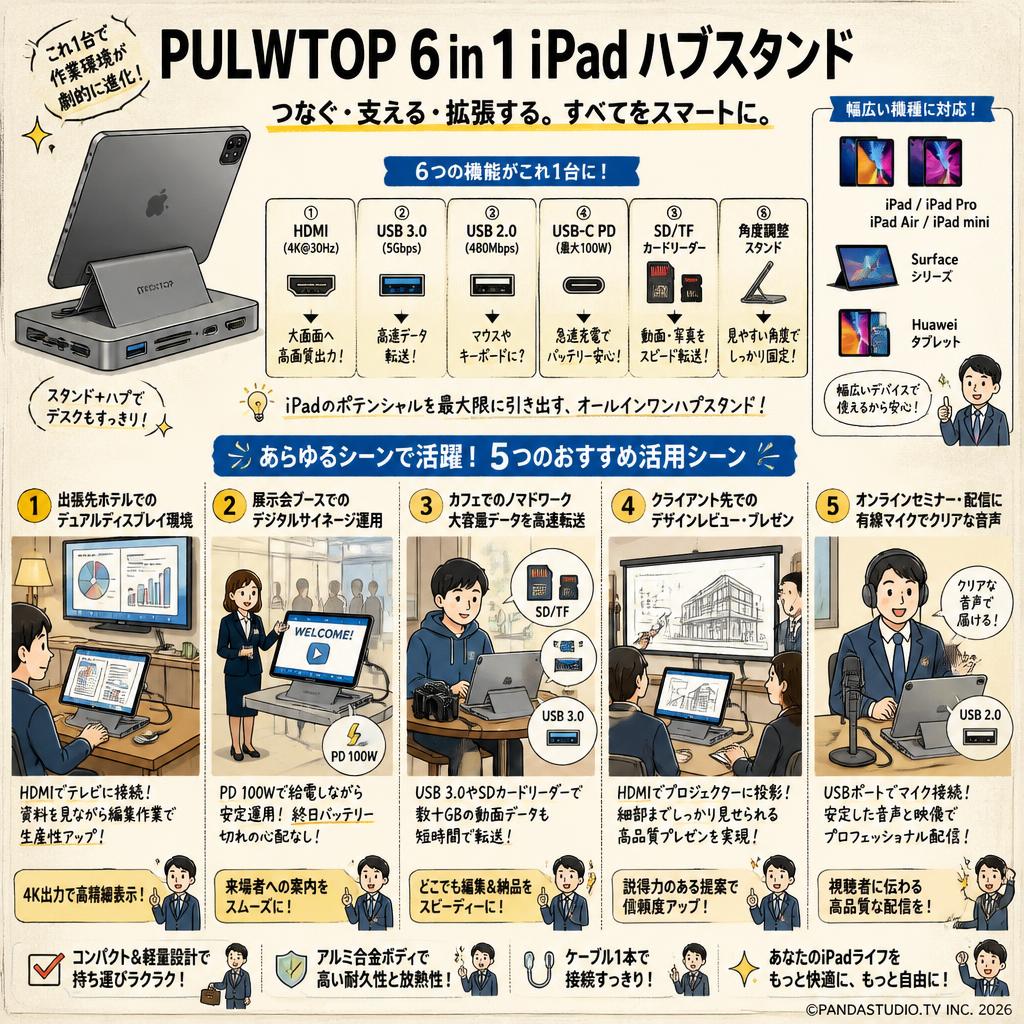 PULWTOP 6 in 1 iPad ハブスタンド IPad/IPad Pro/Surface/Huawei 用途