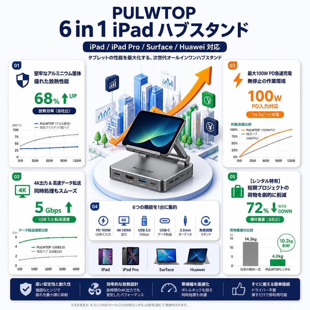 PULWTOP 6 in 1 iPad ハブスタンド IPad/IPad Pro/Surface/Huawei セールスポイント