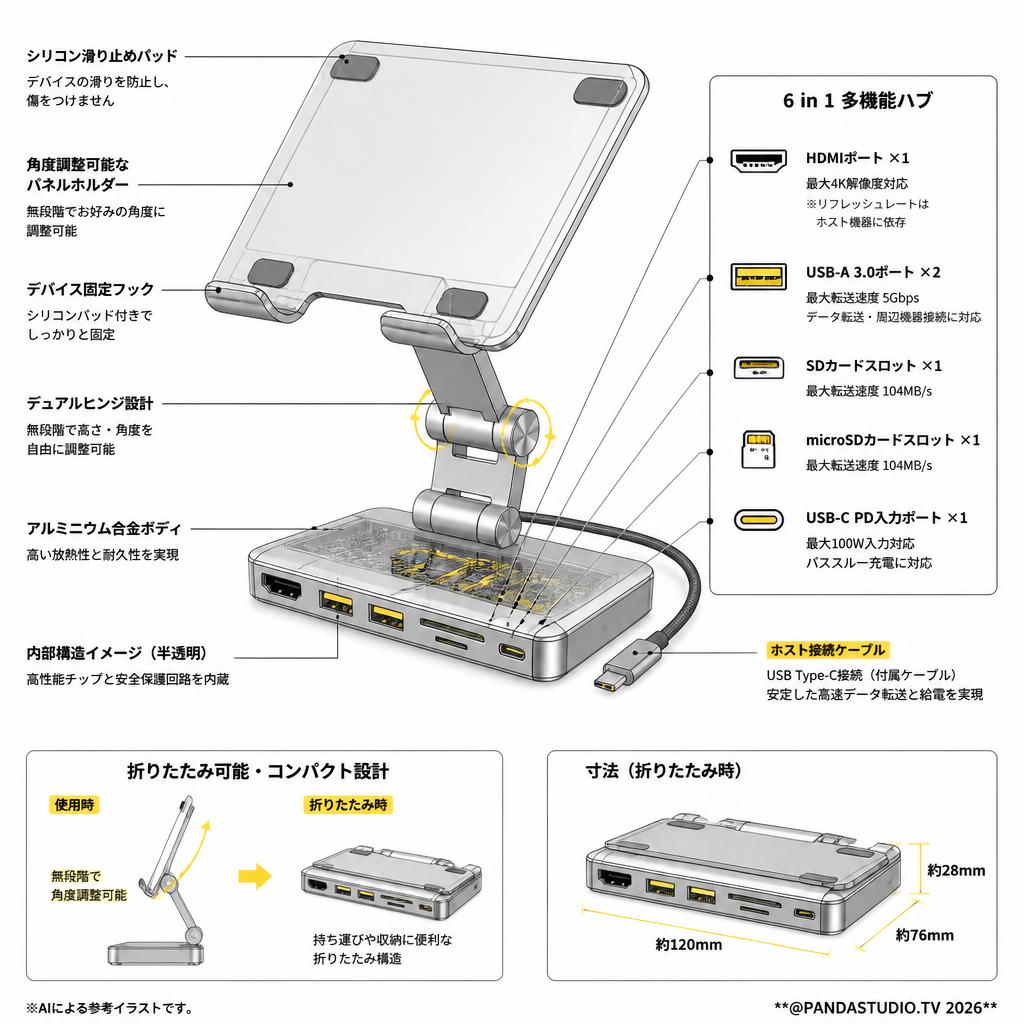 PULWTOP 6 in 1 iPad ハブスタンド IPad/IPad Pro/Surface/Huawei スペック