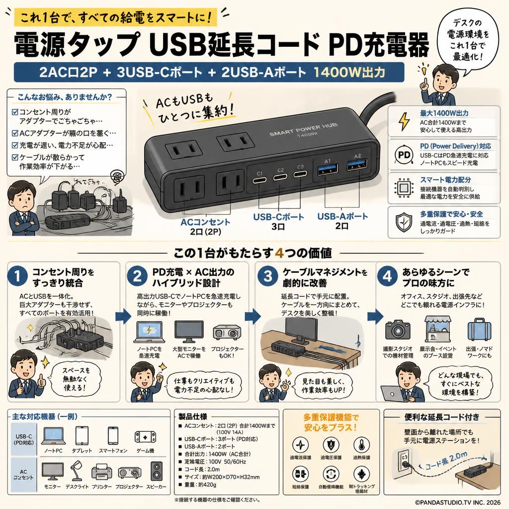電源タップ USB延長コード PD充電器 [2AC口2P+3USB-Cポート+2USB-Aポート 1400W出力] 概要