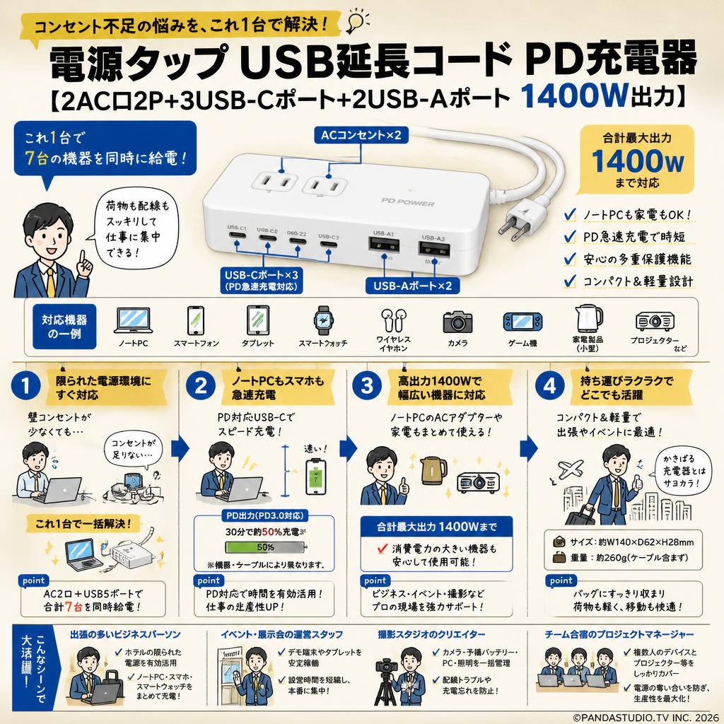電源タップ USB延長コード PD充電器 [2AC口2P+3USB-Cポート+2USB-Aポート 1400W出力] おもな対象のお客様