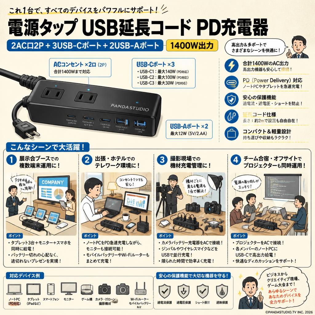 電源タップ USB延長コード PD充電器 [2AC口2P+3USB-Cポート+2USB-Aポート 1400W出力] 用途