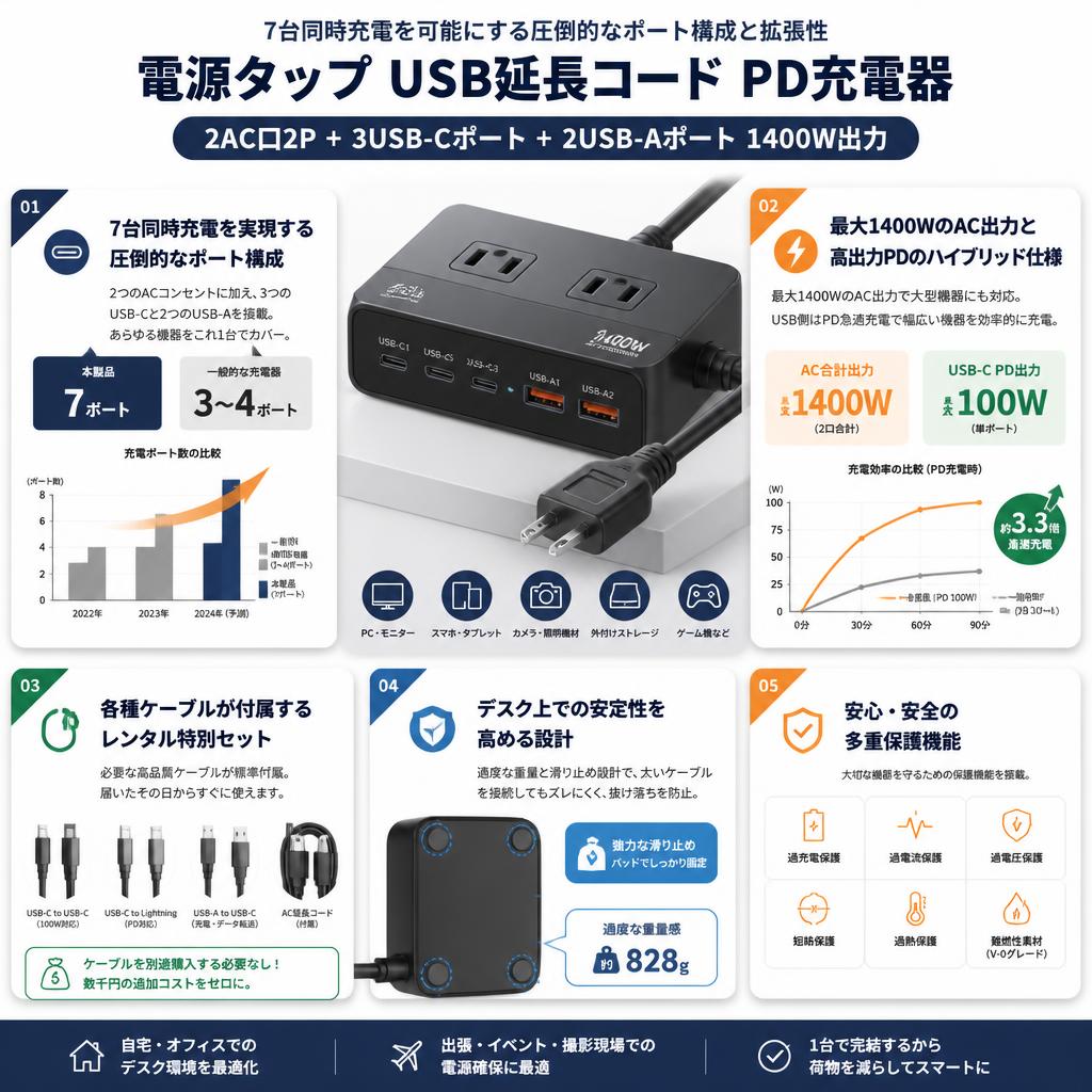 電源タップ USB延長コード PD充電器 [2AC口2P+3USB-Cポート+2USB-Aポート 1400W出力] セールスポイント