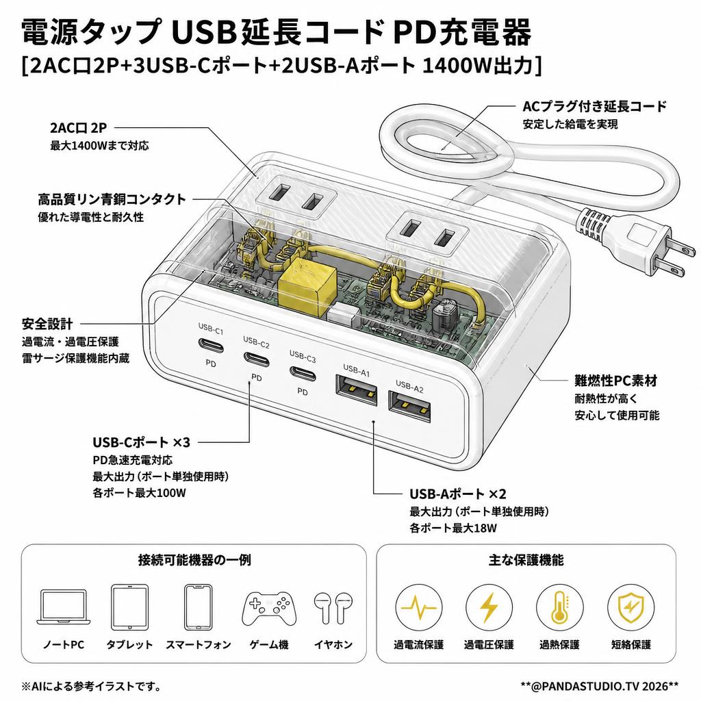 電源タップ USB延長コード PD充電器 [2AC口2P+3USB-Cポート+2USB-Aポート 1400W出力] スペック