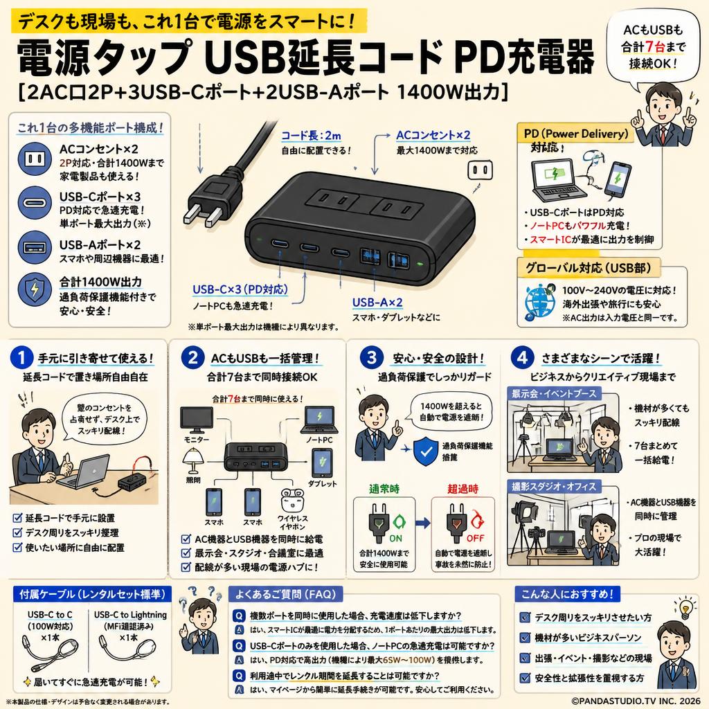 電源タップ USB延長コード PD充電器 [2AC口2P+3USB-Cポート+2USB-Aポート 1400W出力] FAQ（よくある質問と答え）