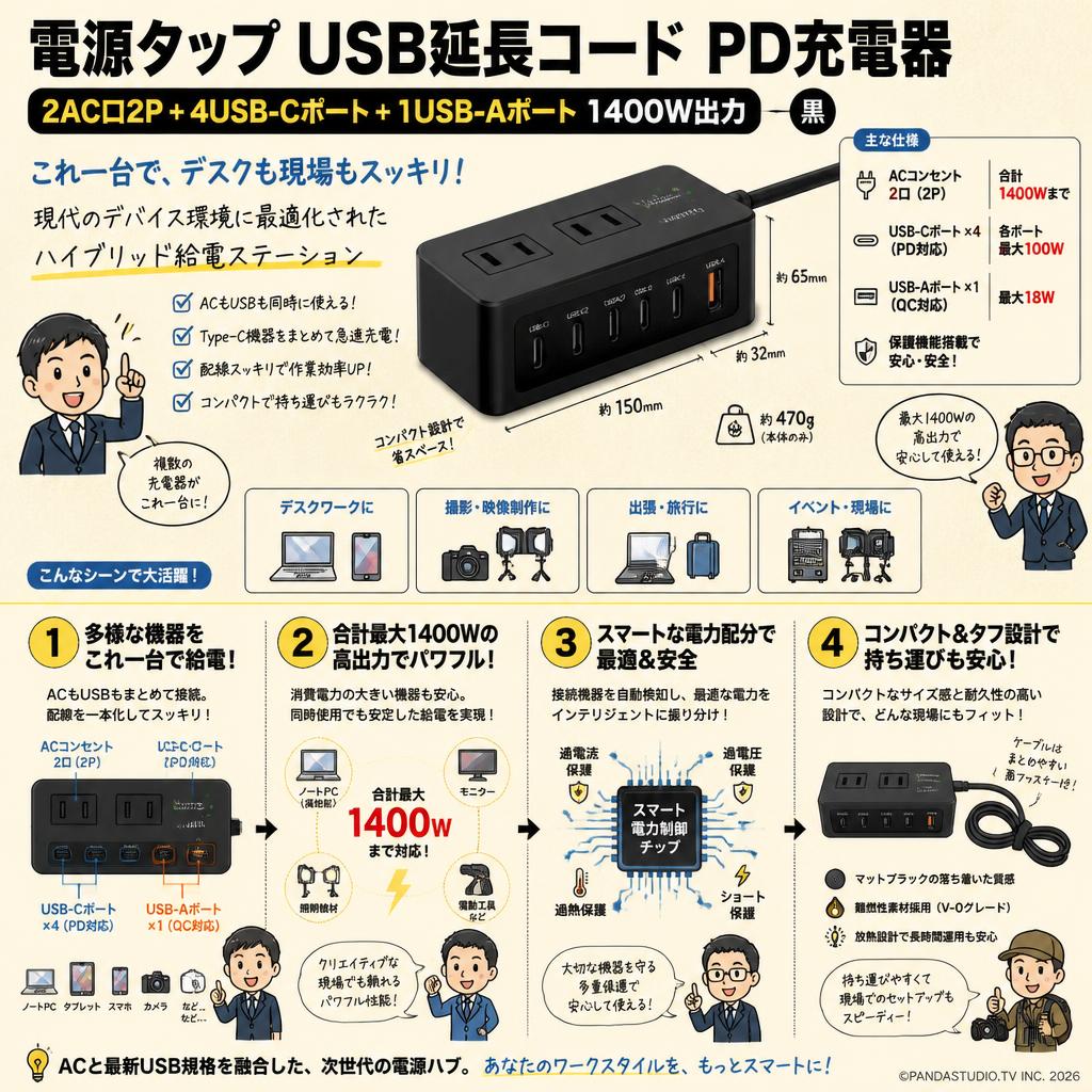 電源タップ USB延長コード PD充電器 [2AC口2P+4USB-Cポート+1USB-Aポート 1400W出力] 黒 概要