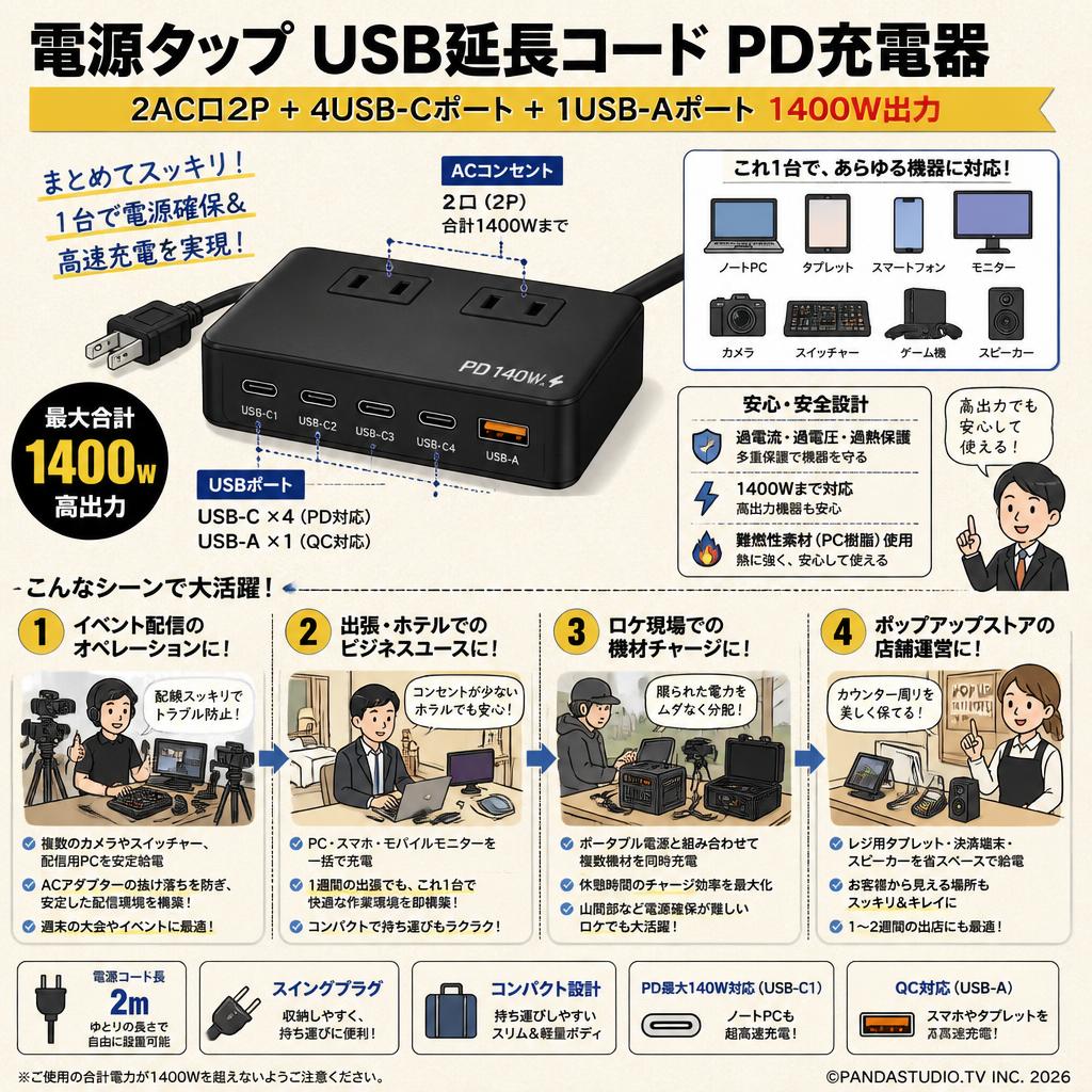 電源タップ USB延長コード PD充電器 [2AC口2P+4USB-Cポート+1USB-Aポート 1400W出力] 黒 おもな対象のお客様
