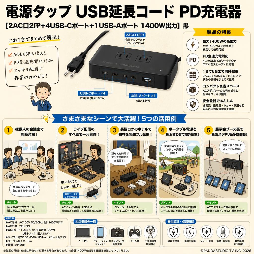 電源タップ USB延長コード PD充電器 [2AC口2P+4USB-Cポート+1USB-Aポート 1400W出力] 黒 用途