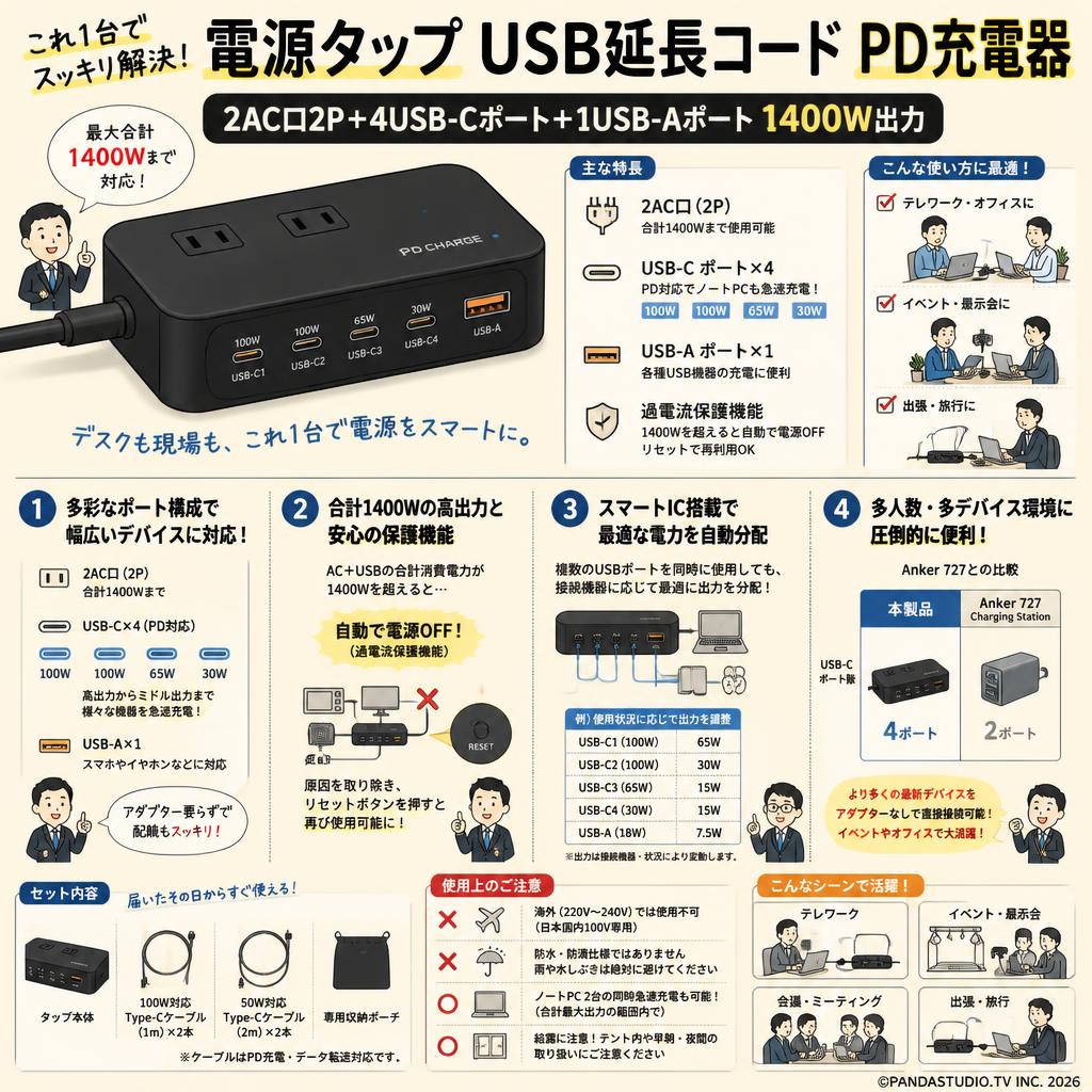 電源タップ USB延長コード PD充電器 [2AC口2P+4USB-Cポート+1USB-Aポート 1400W出力] 黒 FAQ（よくある質問と答え）