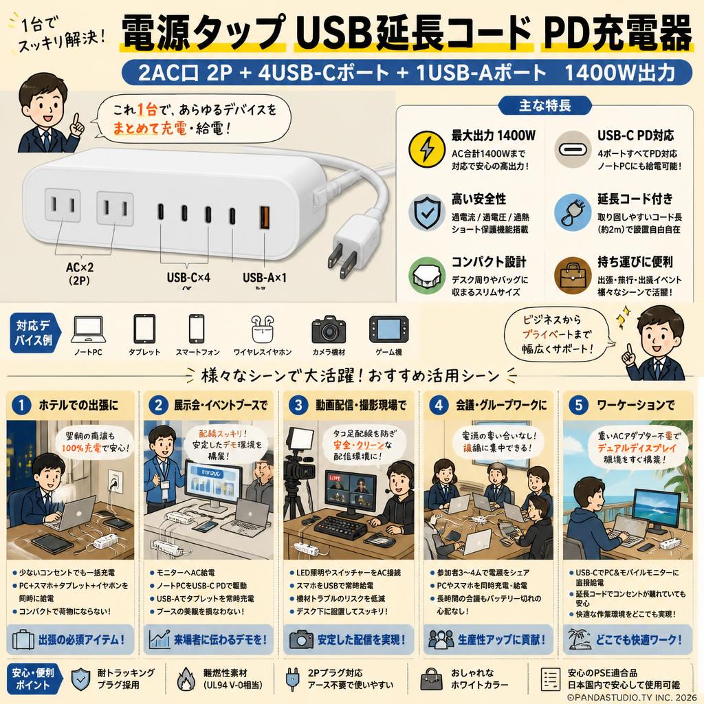 電源タップ USB延長コード PD充電器 [2AC口2P+4USB-Cポート+1USB-Aポート 1400W出力] 白 用途