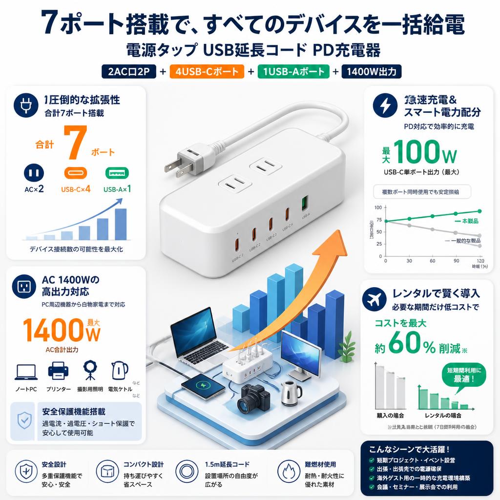 電源タップ USB延長コード PD充電器 [2AC口2P+4USB-Cポート+1USB-Aポート 1400W出力] 白 セールスポイント
