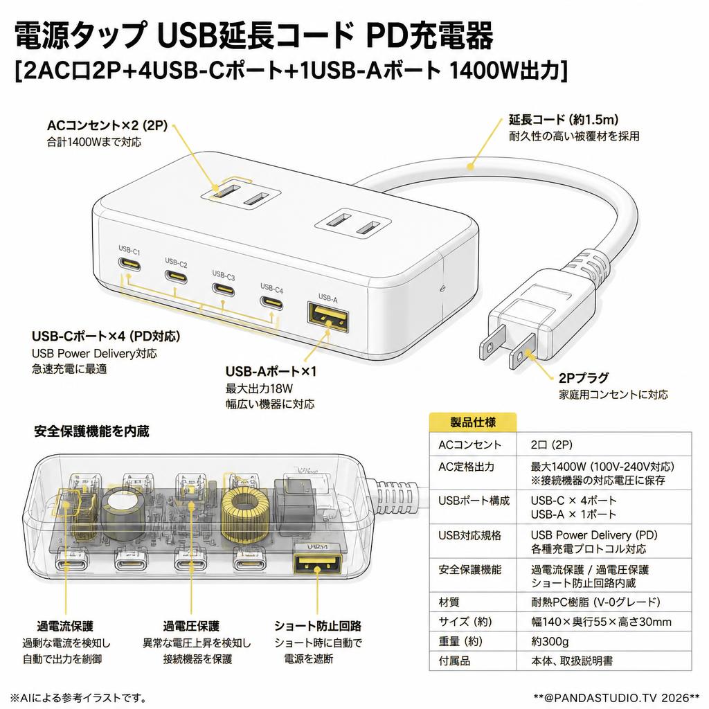 電源タップ USB延長コード PD充電器 [2AC口2P+4USB-Cポート+1USB-Aポート 1400W出力] 白 スペック