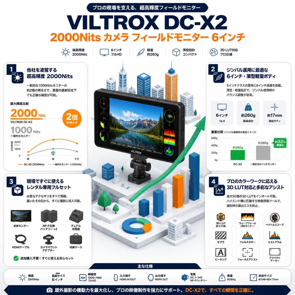 Viltrox DC-X2 2000Nits カメラ フィールドモニター 6インチ セールスポイント