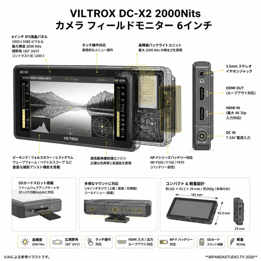 Viltrox DC-X2 2000Nits カメラ フィールドモニター 6インチ スペック
