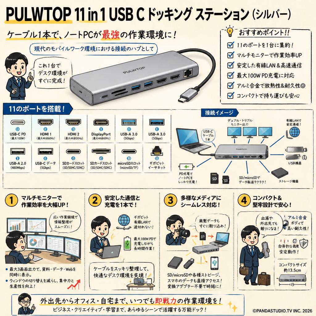 PULWTOP 11 in 1 USB C ドッキング ステーション ( シルバー) 概要